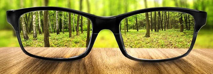 Eye Doctor Brainerd Rd Chattanooga TN Blurry Vision 1 A pair of glasses with blurred outer edges, revealing a sharp, clear view of a forest through the lenses.