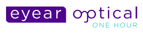 Eyear Optical logo, it is purple and teal.