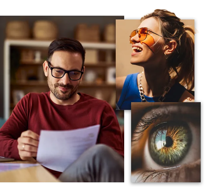 Three photos, one of a man wearing glasses, one of a woman wearing sunglasses, and a close up of an eye.